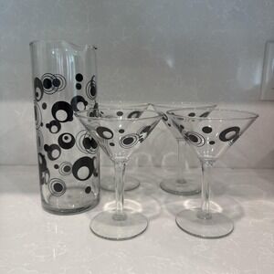 Libbey Cocktail Martini Pitcher 4 Glasses Black Circles Dots Barware‎ mcm retro